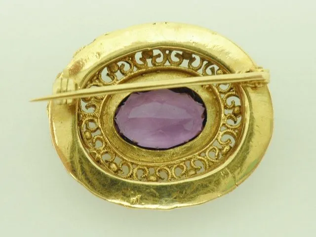 Antique 18K Amethyst & Emerald Brooch