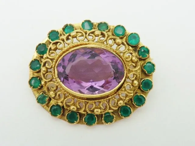 Antique 18K Amethyst & Emerald Brooch