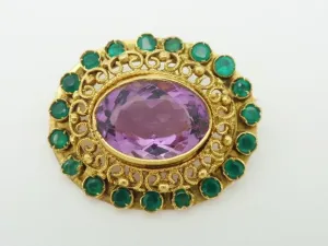 Antique 18K Amethyst & Emerald Brooch