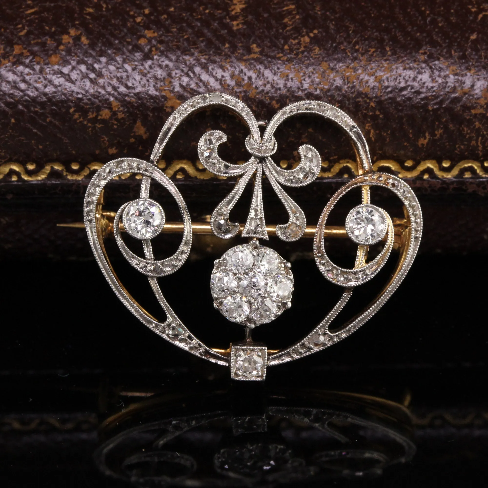 Antique Edwardian 18K Yellow Gold Platinum Old European Diamond Pin