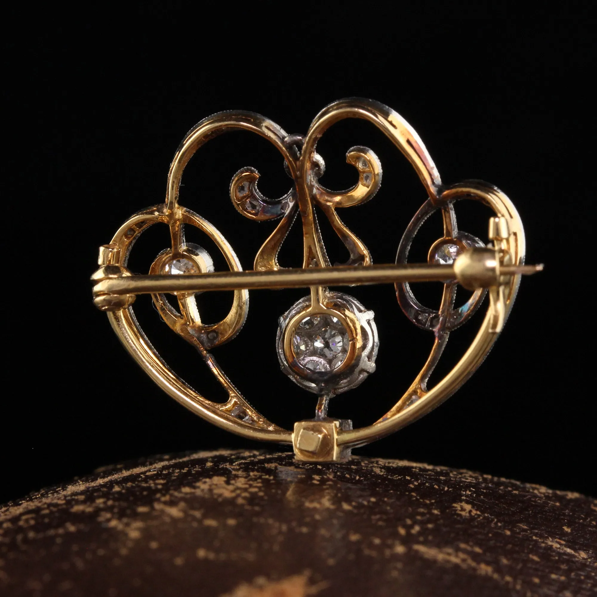 Antique Edwardian 18K Yellow Gold Platinum Old European Diamond Pin