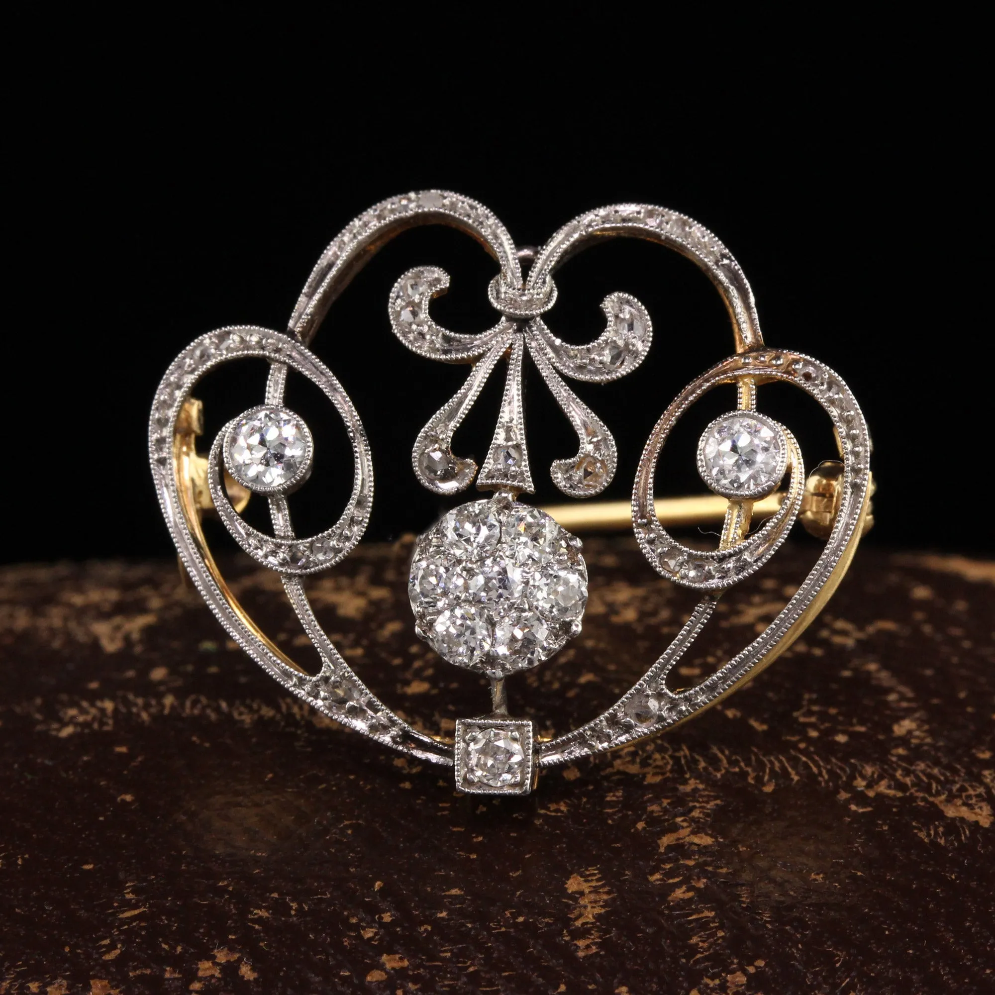 Antique Edwardian 18K Yellow Gold Platinum Old European Diamond Pin