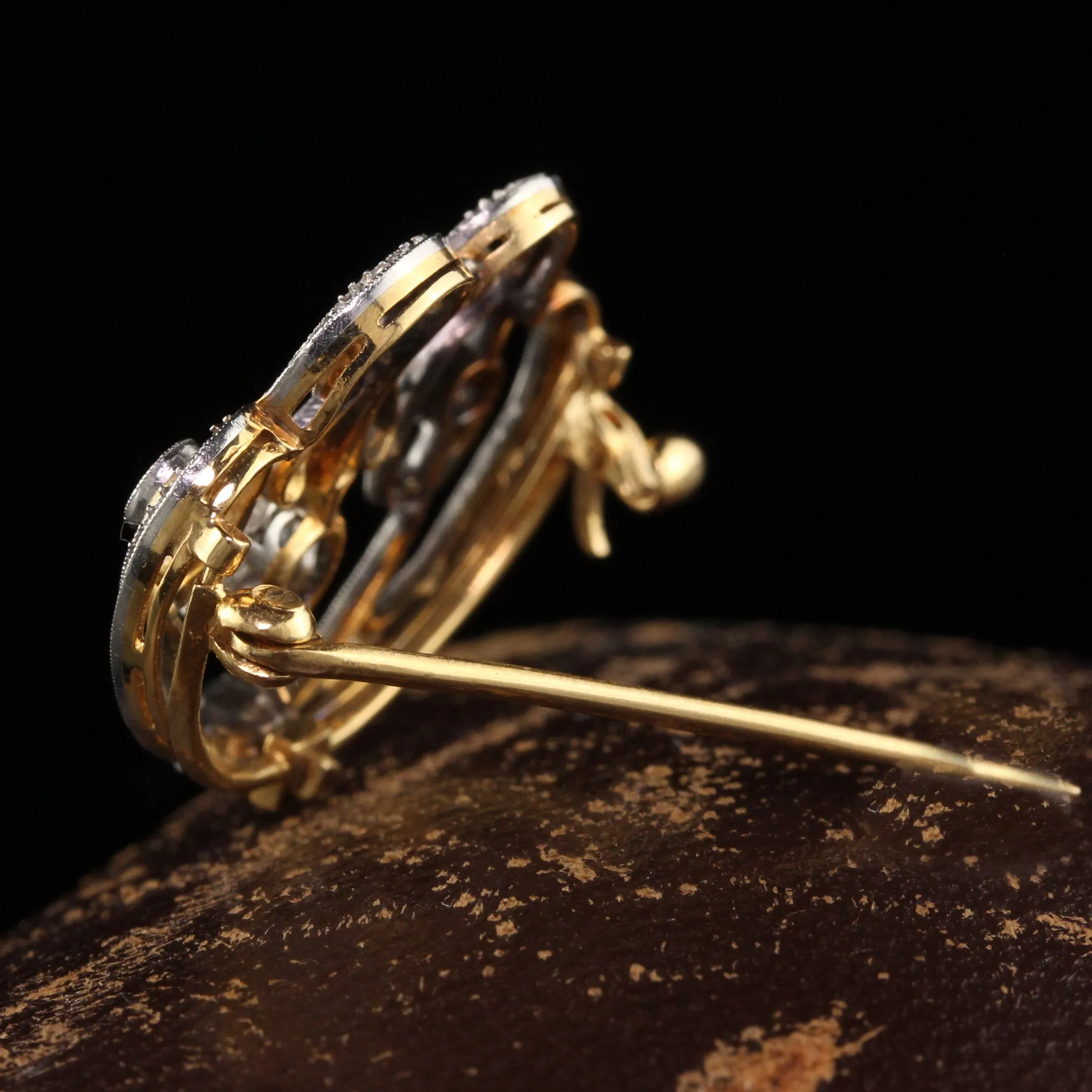 Antique Edwardian 18K Yellow Gold Platinum Old European Diamond Pin