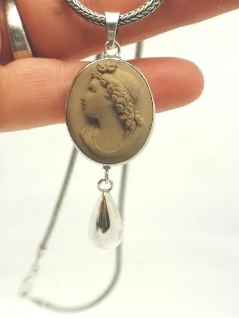 Antique Lava Cameo Sterling Necklace