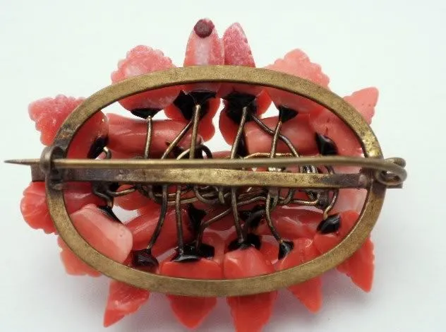 Antique Red Coral GF Brooch Rose