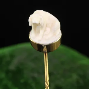 Antique Victorian 14K Yellow Gold Carved Bone Dog Stick Pin