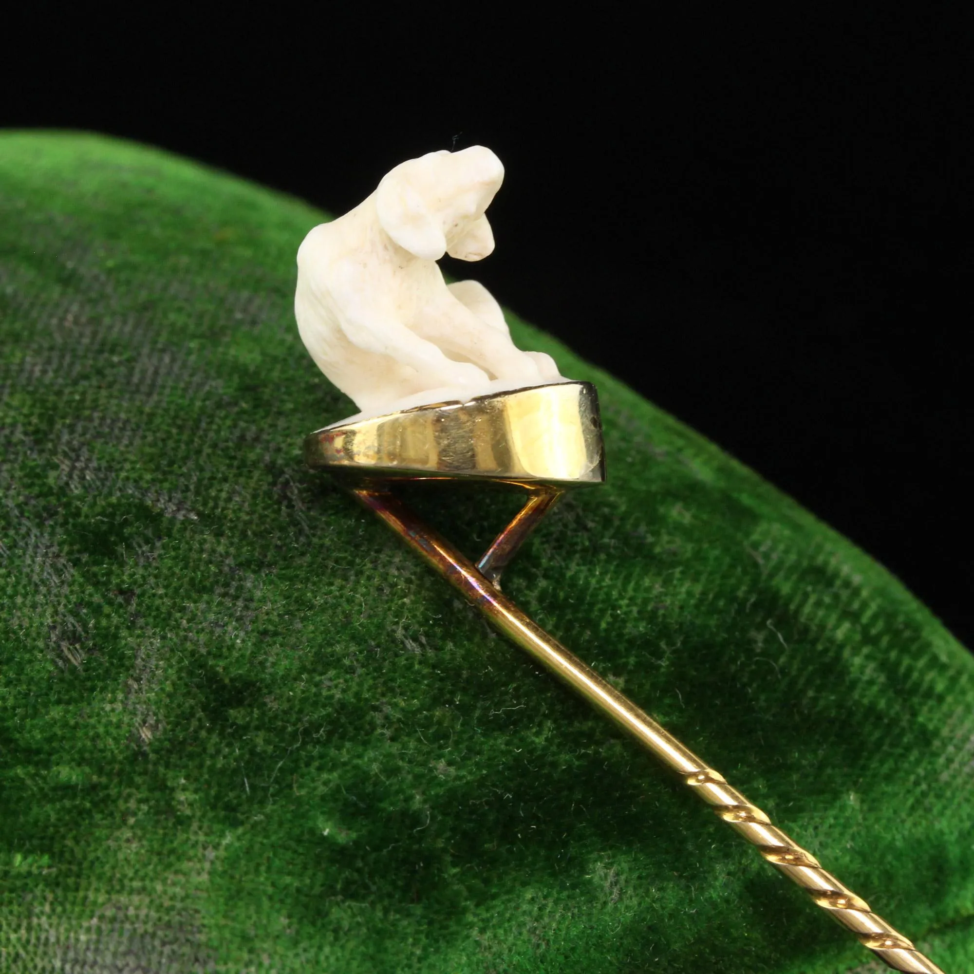 Antique Victorian 14K Yellow Gold Carved Bone Dog Stick Pin