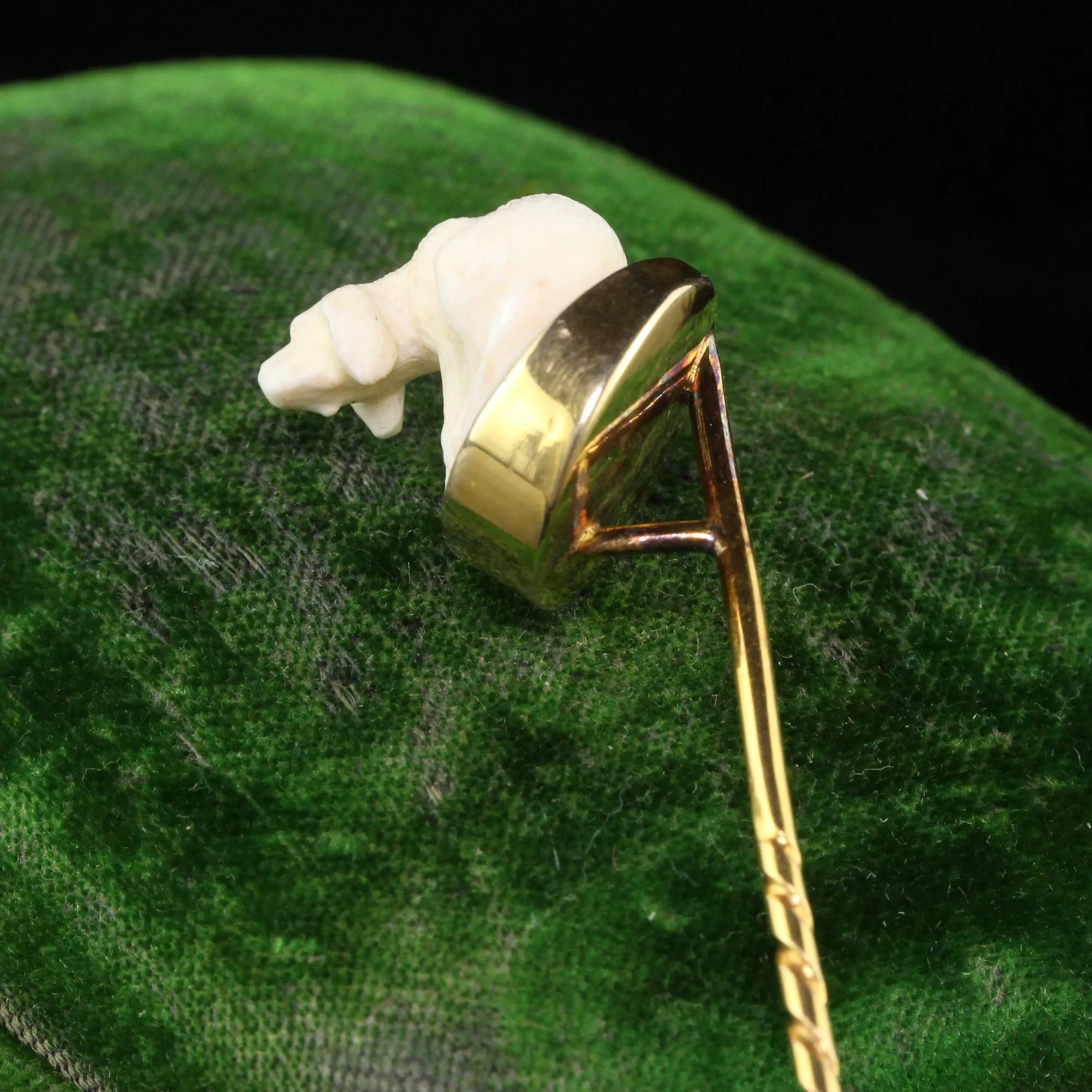 Antique Victorian 14K Yellow Gold Carved Bone Dog Stick Pin
