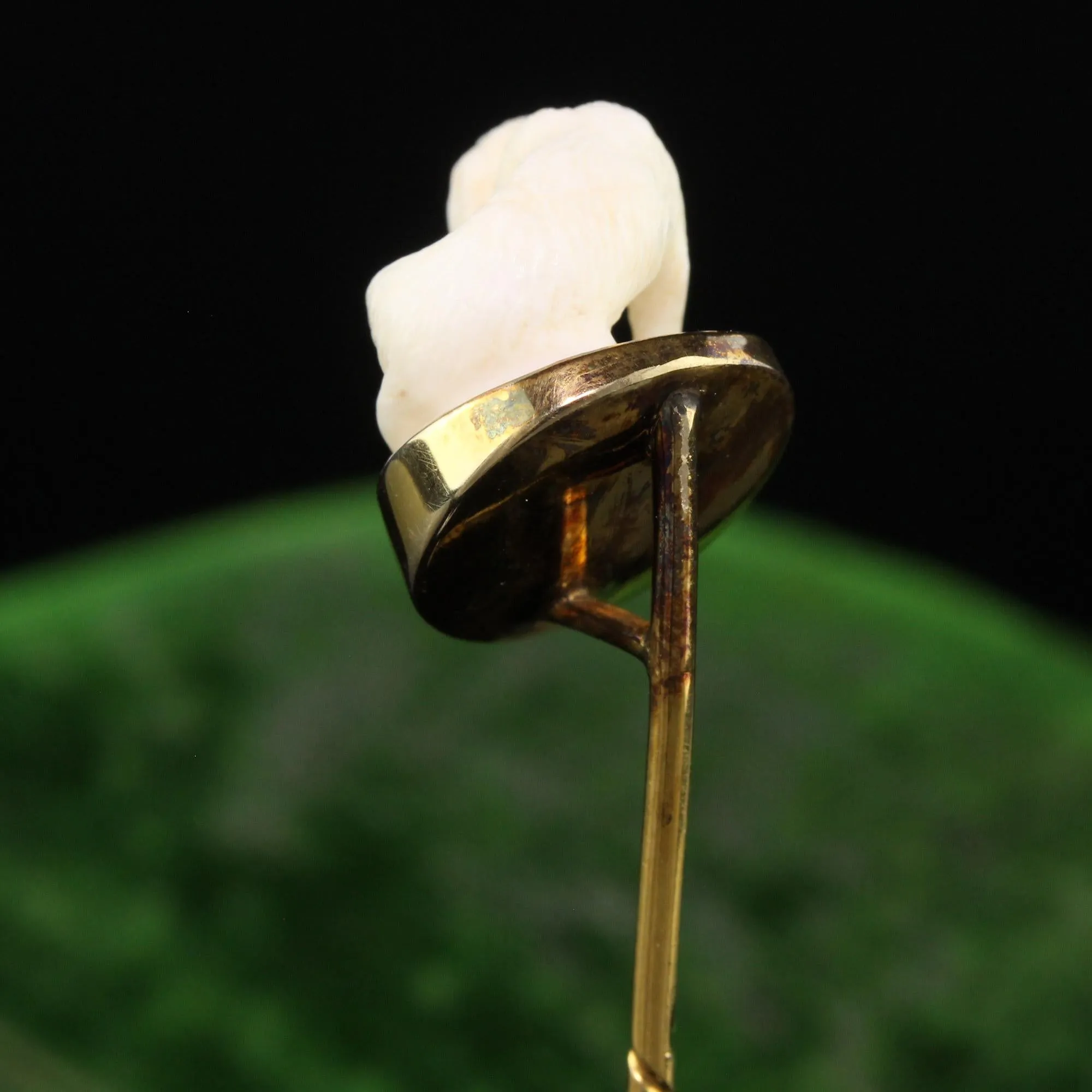 Antique Victorian 14K Yellow Gold Carved Bone Dog Stick Pin