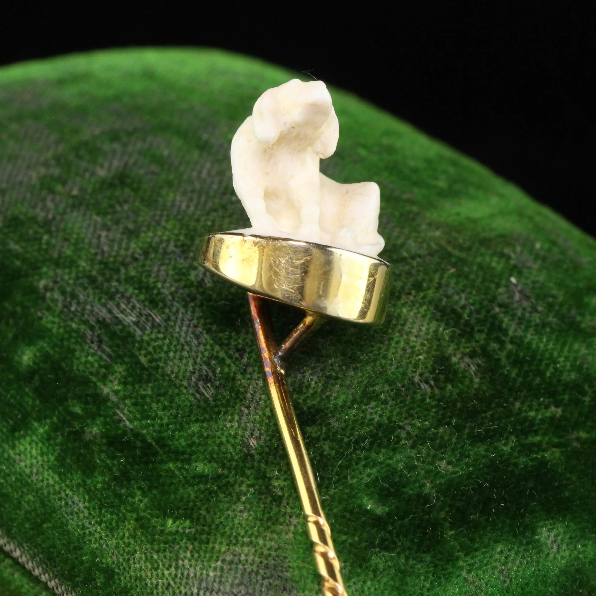 Antique Victorian 14K Yellow Gold Carved Bone Dog Stick Pin