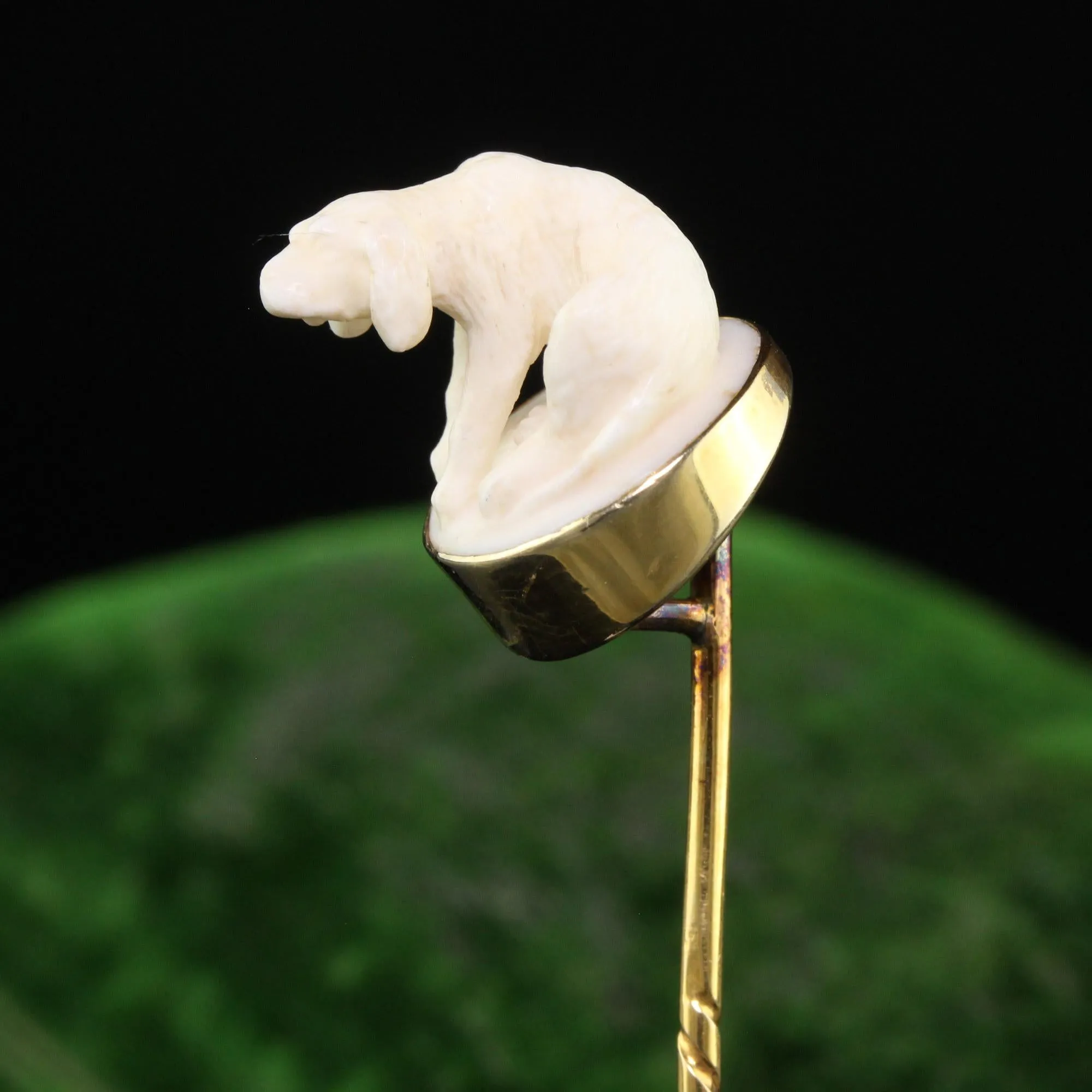 Antique Victorian 14K Yellow Gold Carved Bone Dog Stick Pin