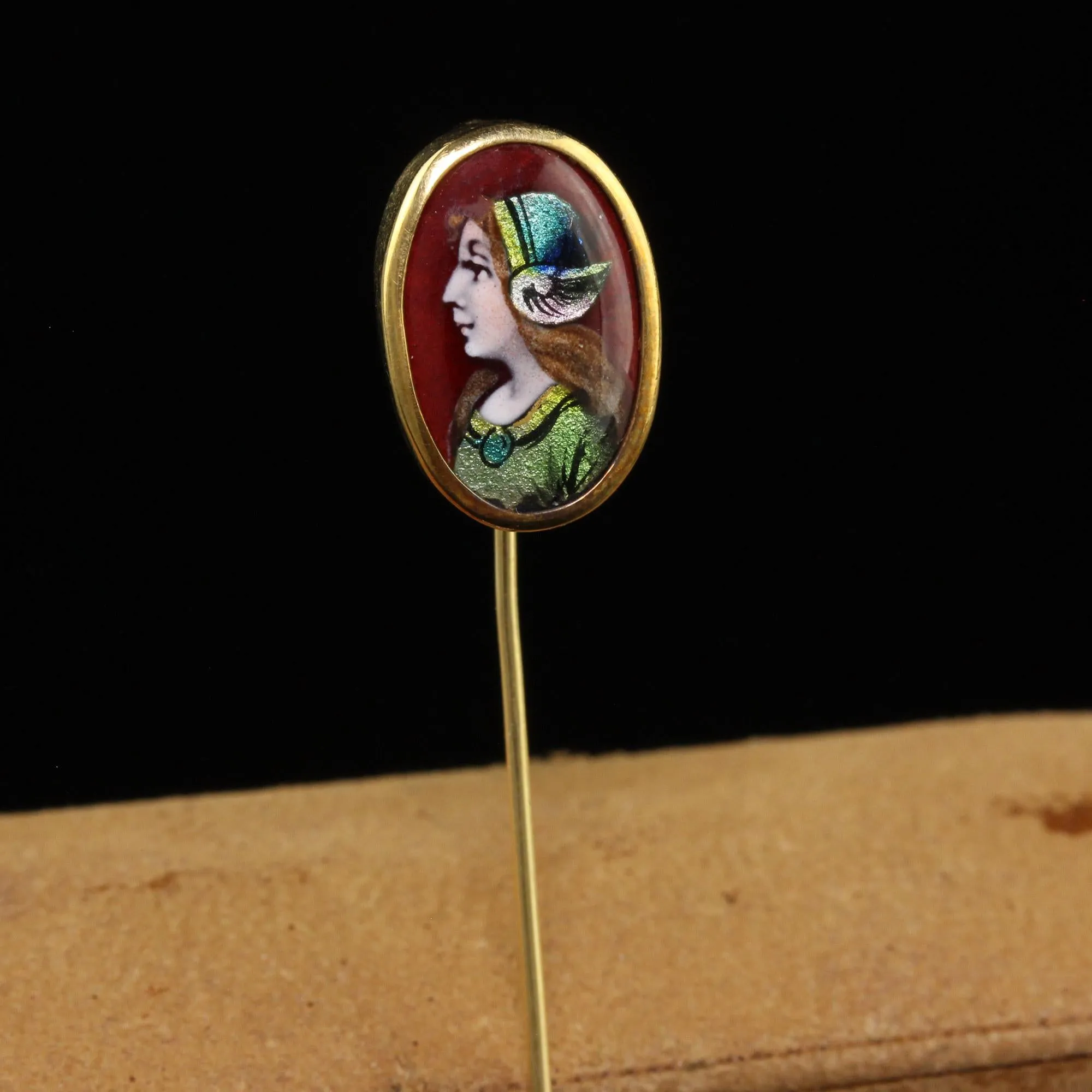 Antique Victorian 18K Yellow French Enameled Woman Stick Pin