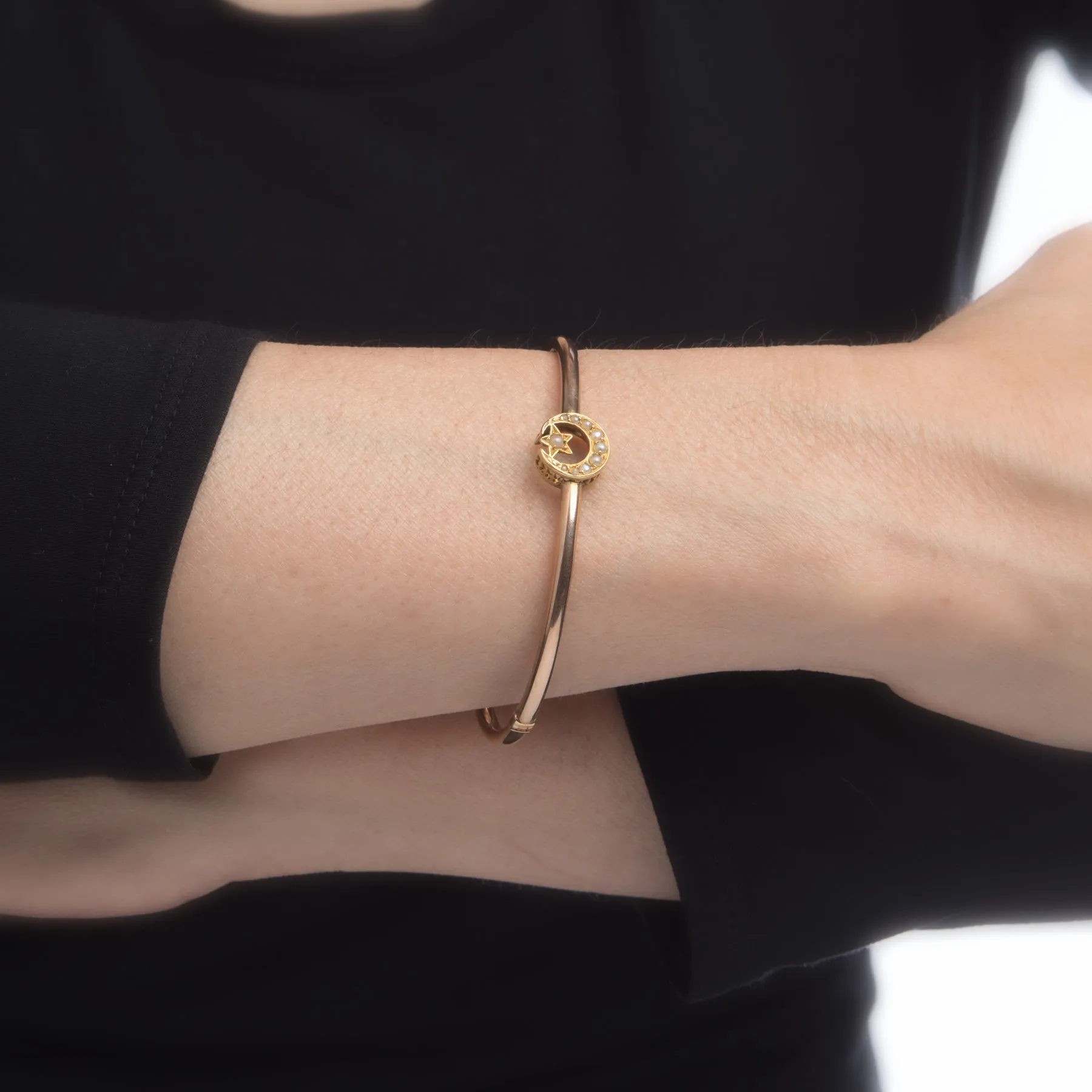 Antique Victorian Bangle Bracelet Crescent Moon Star 10k Rose Gold Fine Vintage