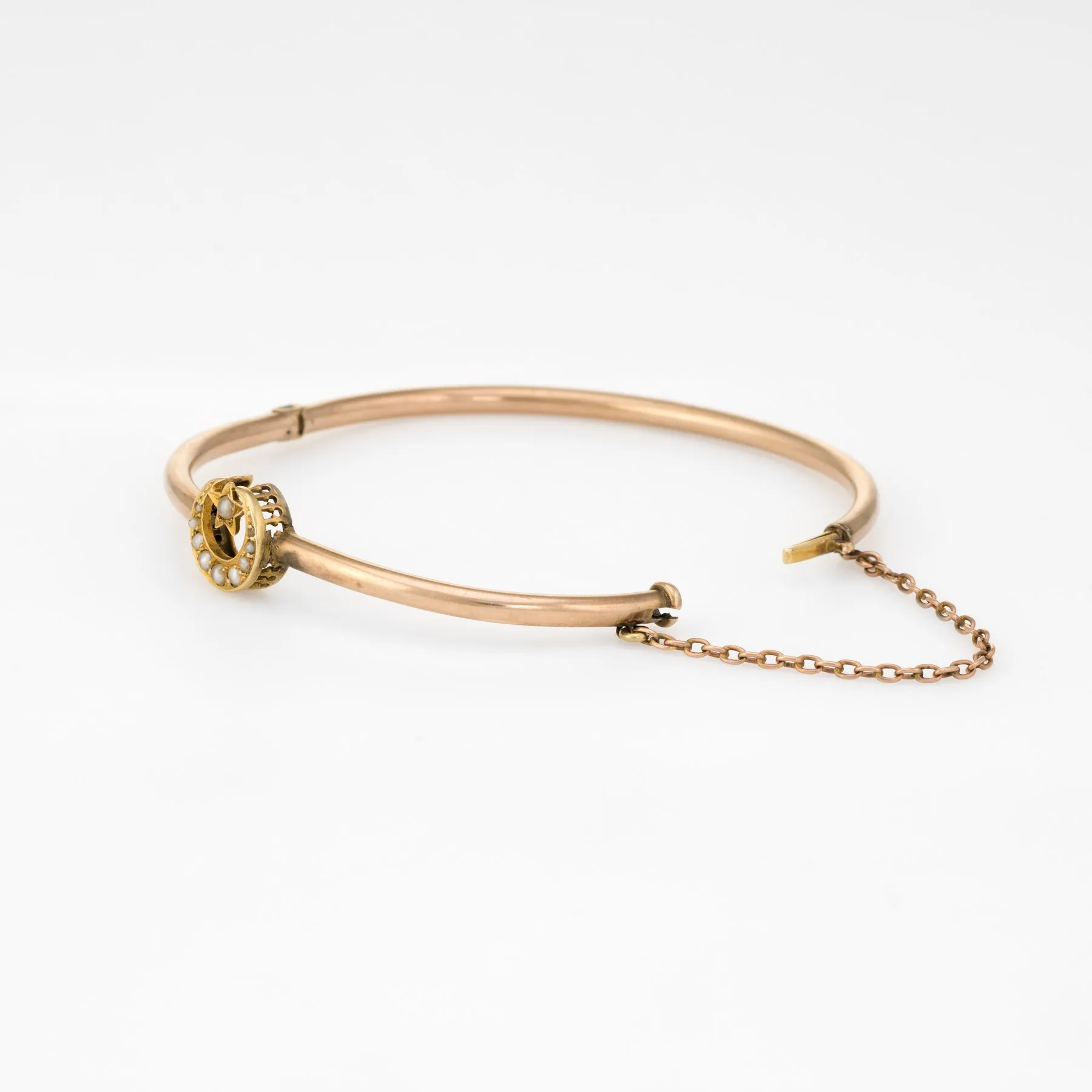 Antique Victorian Bangle Bracelet Crescent Moon Star 10k Rose Gold Fine Vintage