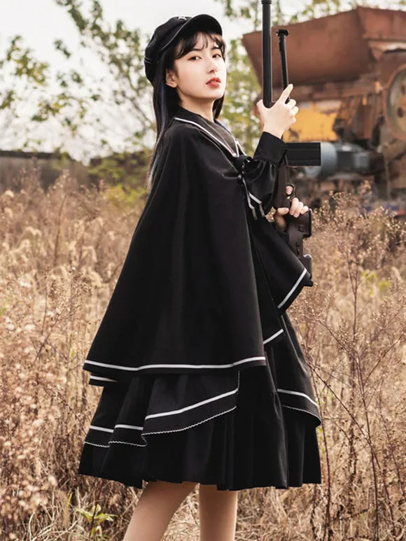 Army Lolita Cape Black Polyester Embroidered Spring Lolita Outwears
