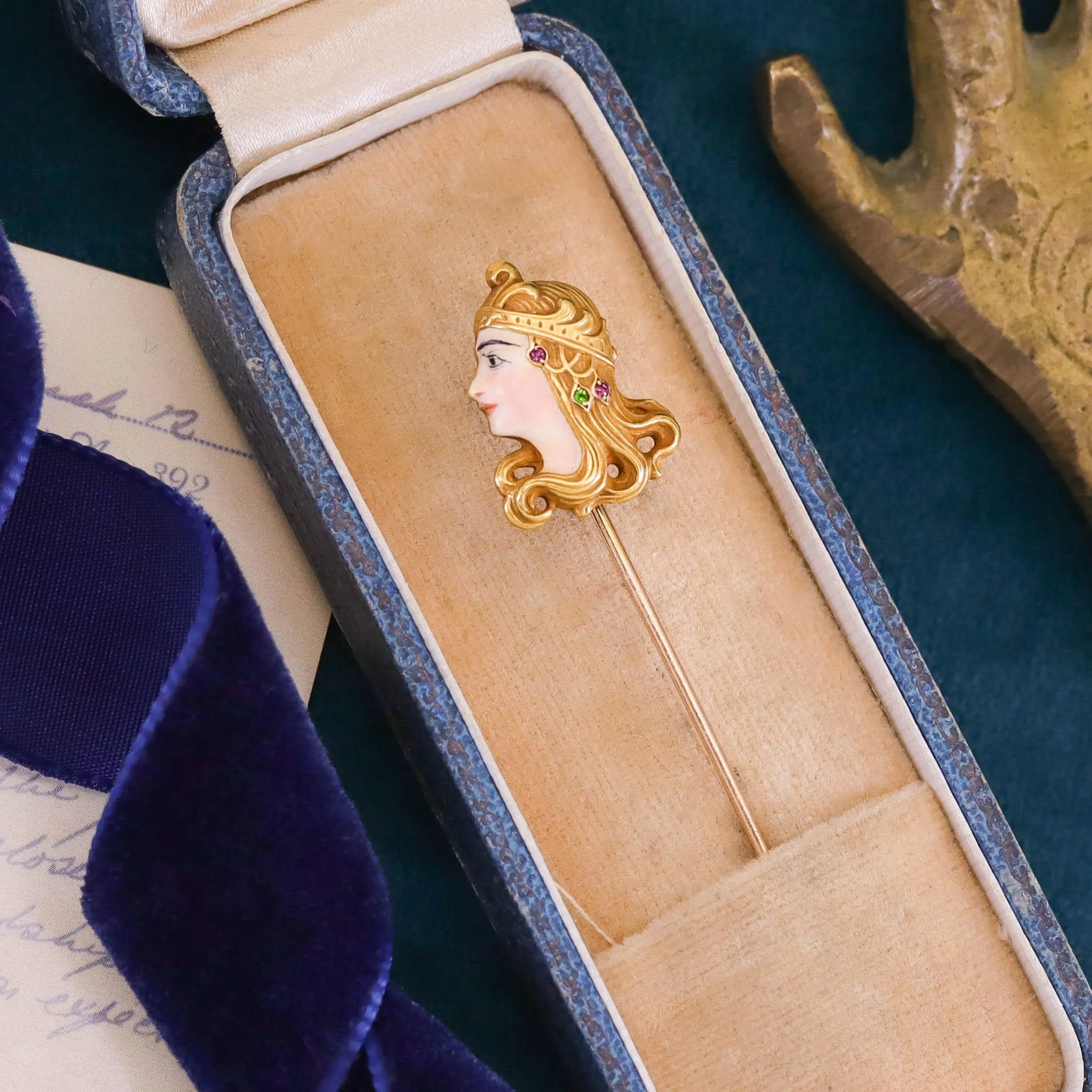 Art Nouveau Enamel Lady Stickpin of 18k Gold