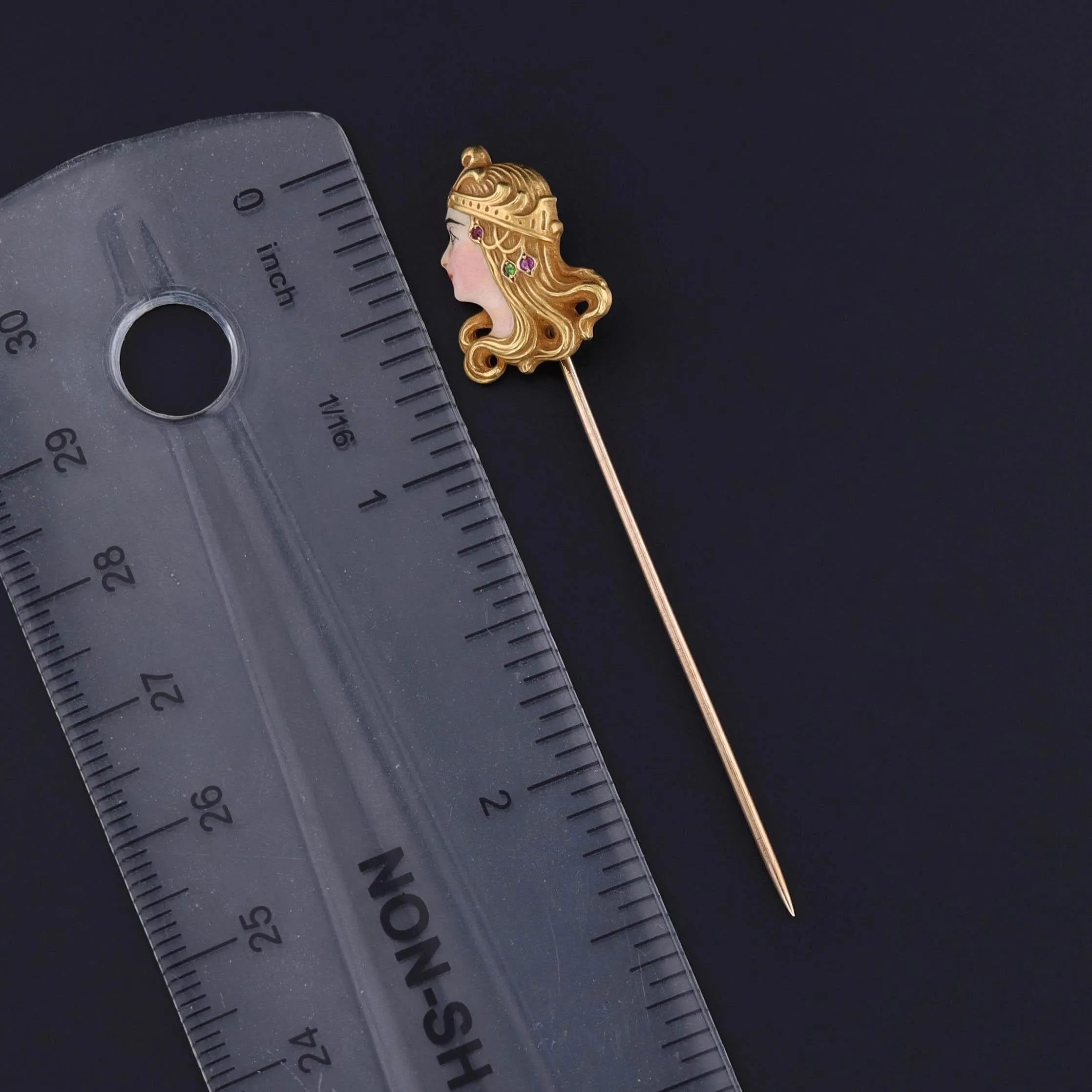 Art Nouveau Enamel Lady Stickpin of 18k Gold
