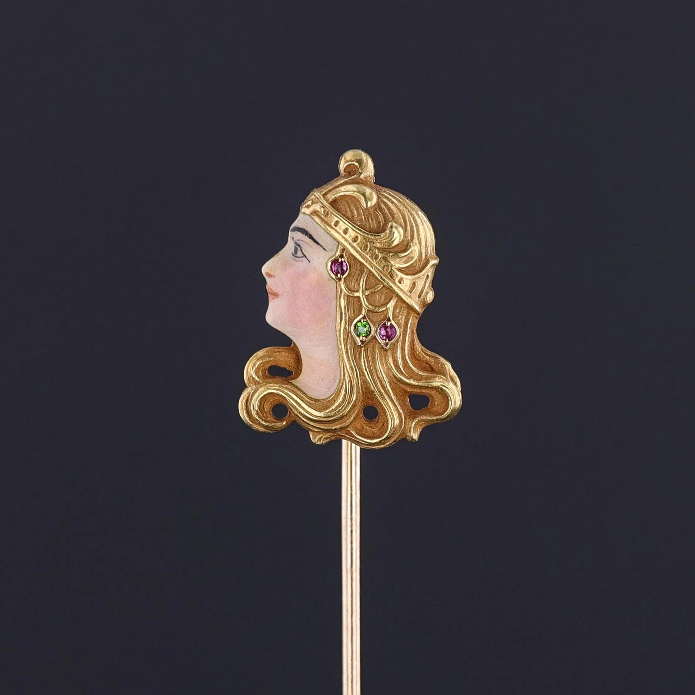 Art Nouveau Enamel Lady Stickpin of 18k Gold