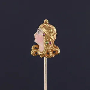 Art Nouveau Enamel Lady Stickpin of 18k Gold