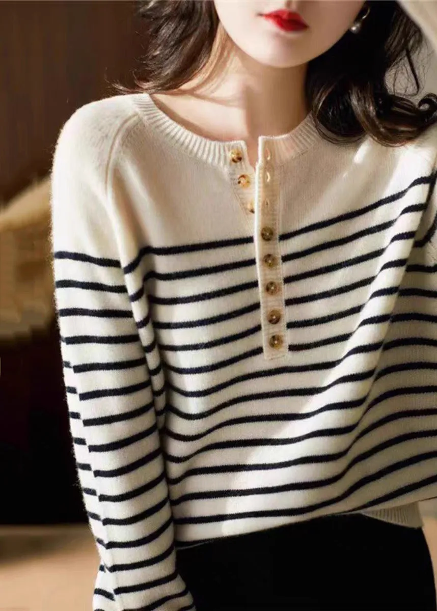 Art White Striped Button Woolen Sweaters Spring TF030