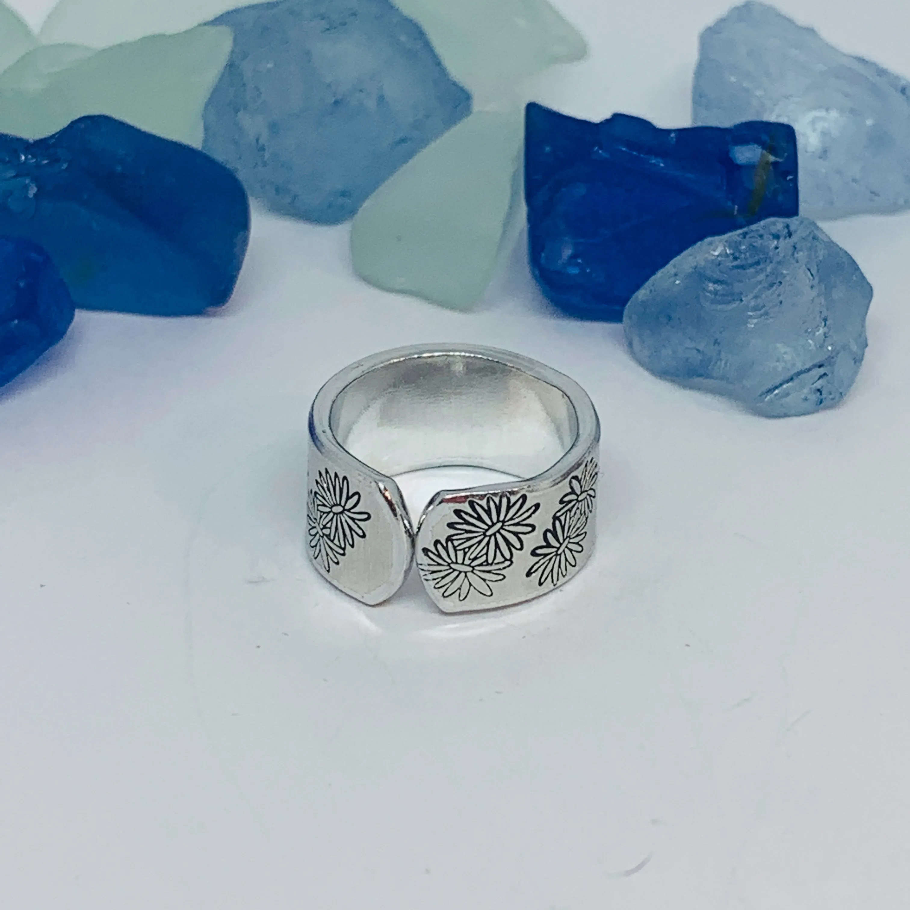 Aster Flowers Hand Stamped Ring | September Birth Flower Ring | Stamped Metal Cuff Ring | Adjustable Ring with Flowers | Gift for Her