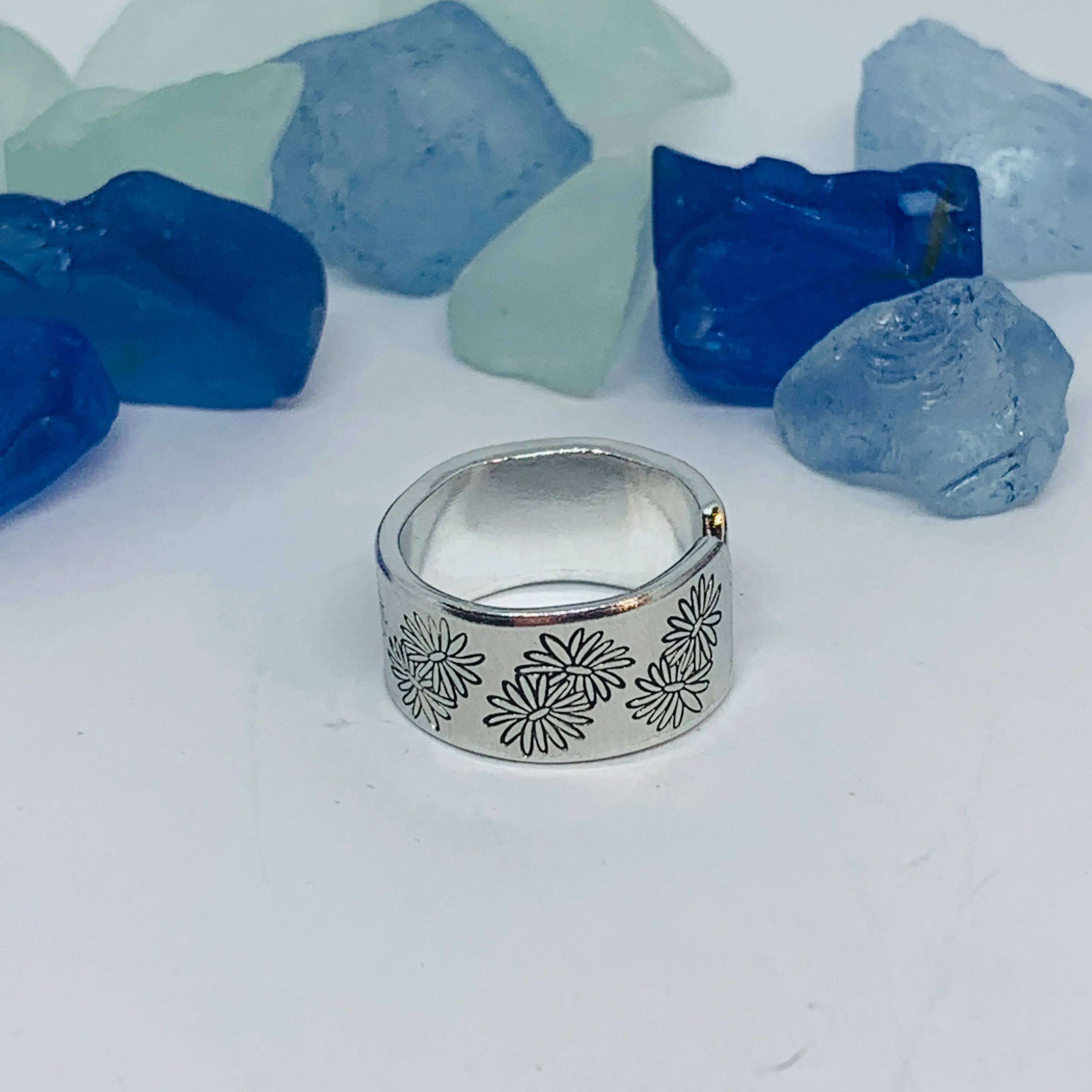 Aster Flowers Hand Stamped Ring | September Birth Flower Ring | Stamped Metal Cuff Ring | Adjustable Ring with Flowers | Gift for Her