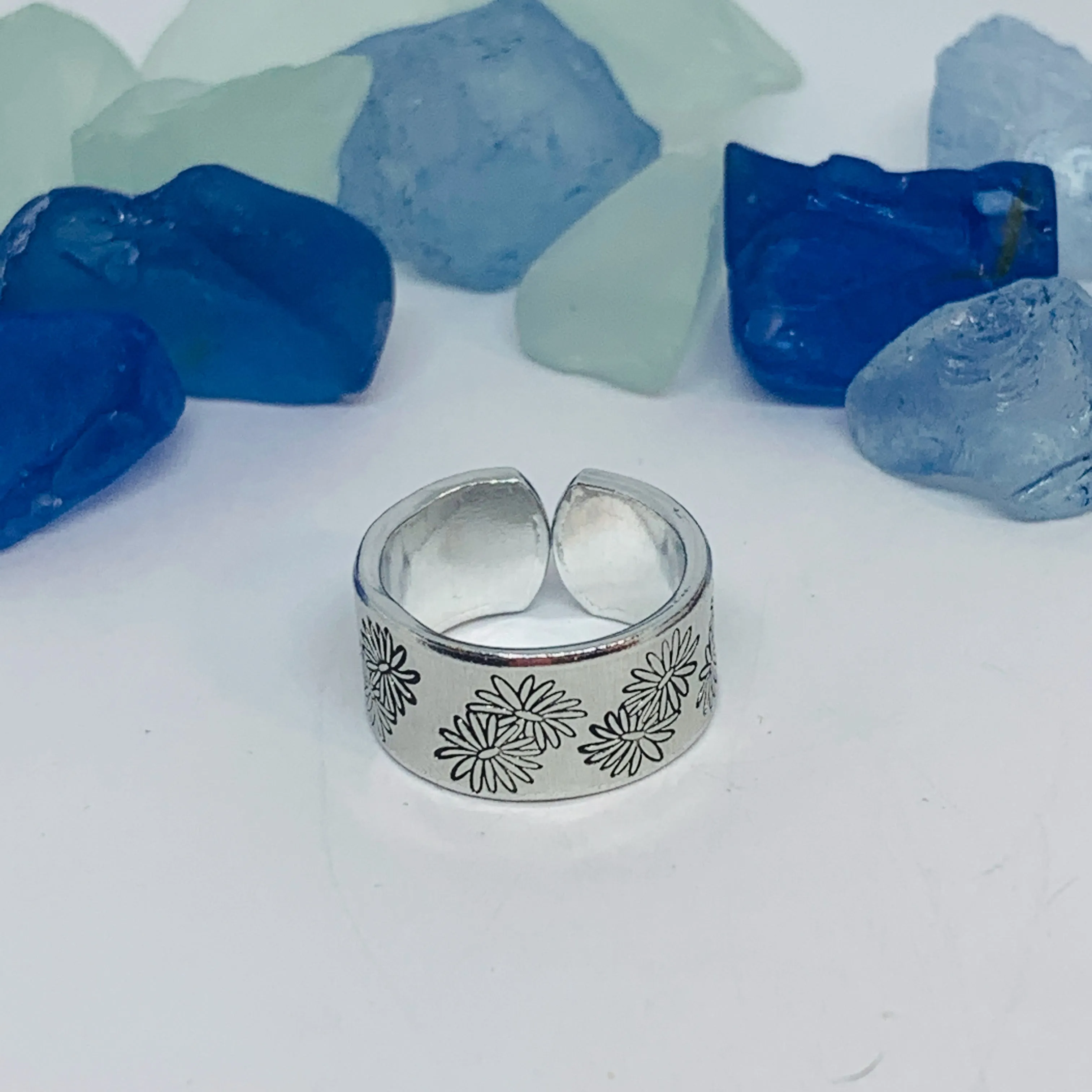 Aster Flowers Hand Stamped Ring | September Birth Flower Ring | Stamped Metal Cuff Ring | Adjustable Ring with Flowers | Gift for Her