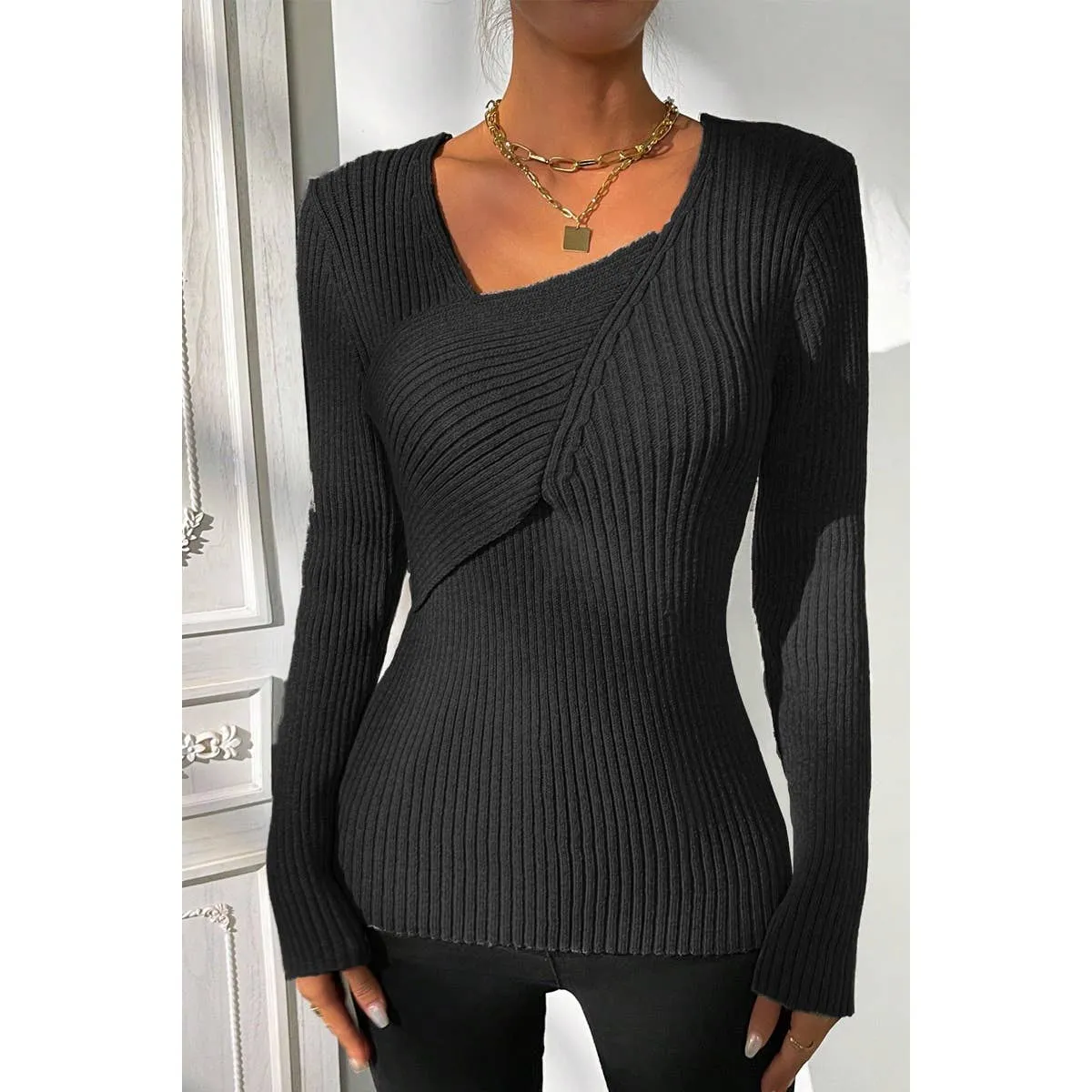 Asymmetrical Neck Knit Elastic Fit Solid Sweater