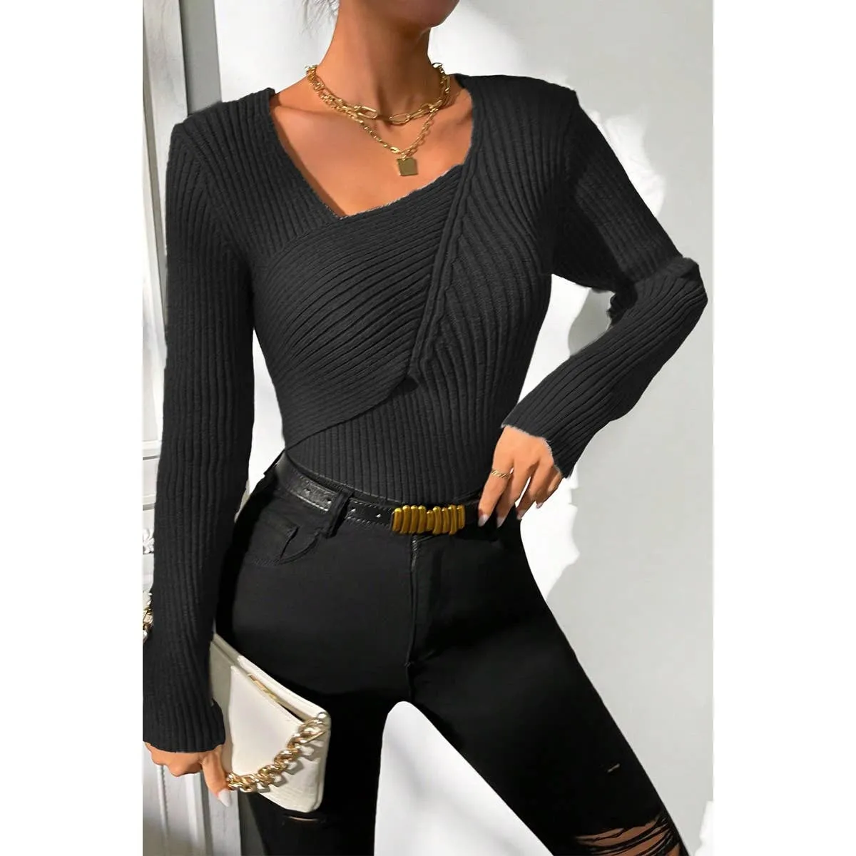 Asymmetrical Neck Knit Elastic Fit Solid Sweater