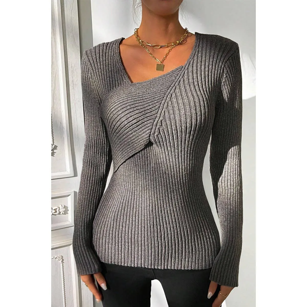 Asymmetrical Neck Knit Elastic Fit Solid Sweater