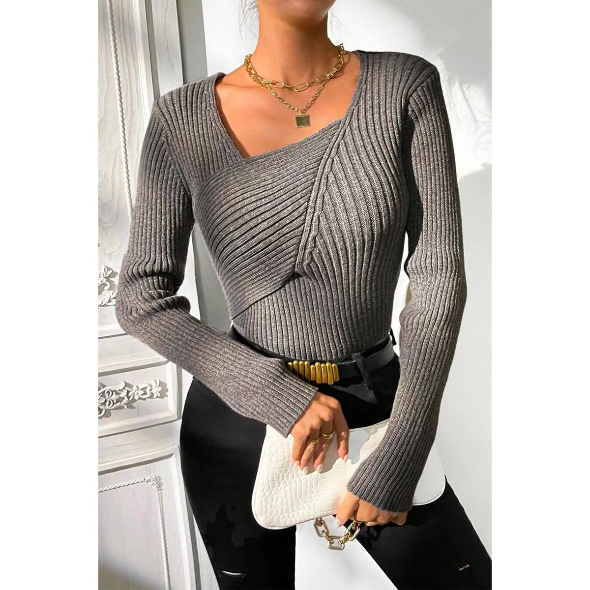 Asymmetrical Neck Knit Elastic Fit Solid Sweater