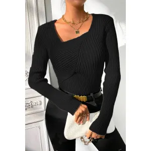 Asymmetrical Neck Knit Elastic Fit Solid Sweater