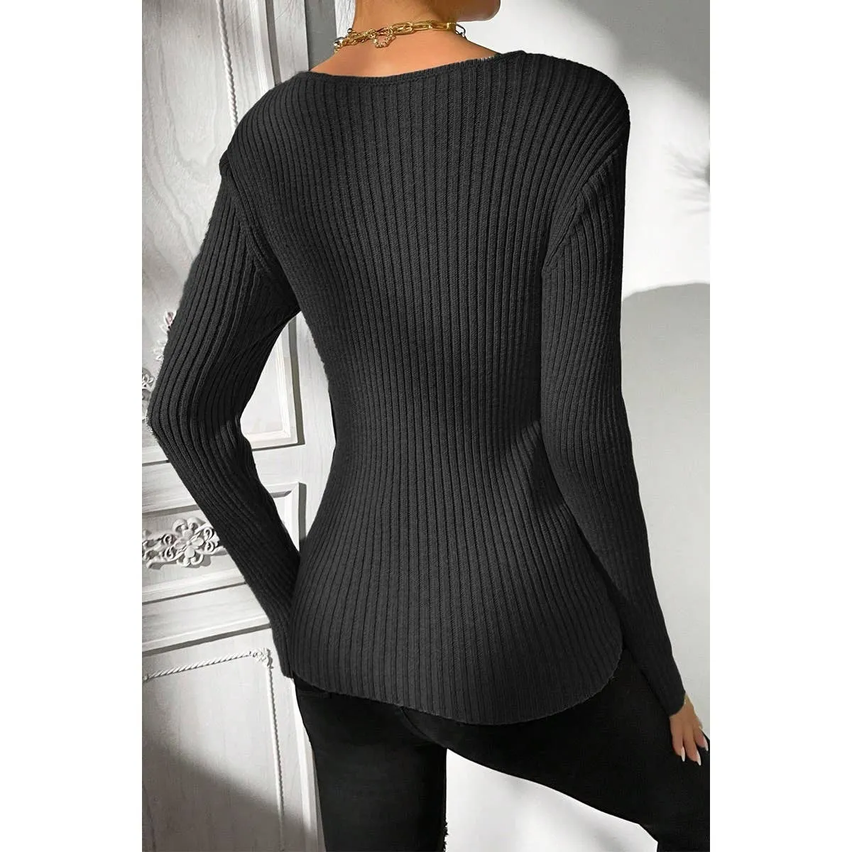 Asymmetrical Neck Knit Elastic Fit Solid Sweater