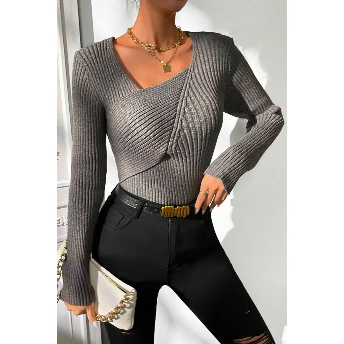 Asymmetrical Neck Knit Elastic Fit Solid Sweater