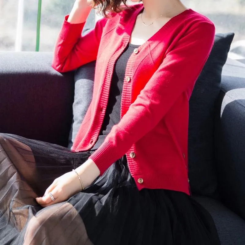 Autumn and Winter Clothing Solid Color Button Cardigan Casual Loose V-neck Sweater