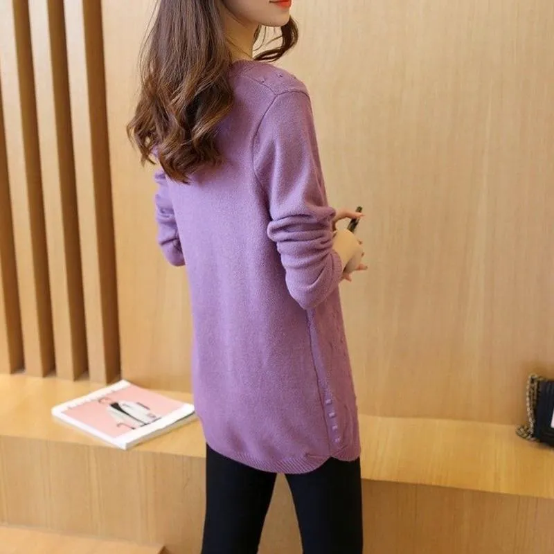 Autumn and Winter Knit Sweater Close-fitting Slim-fit Sweater Women Mid-length Loose Long-sleeved Bottoming Shirt Pullover Round Neck Thin Style