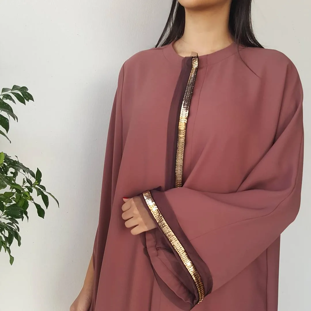 AW17 SEMI-CAPE ABAYA IN RUST WITH GOLD& TULLE