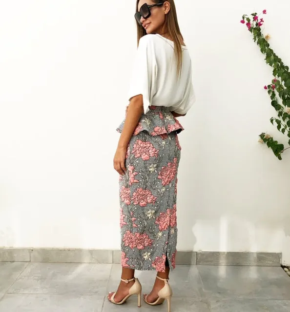 AW18 BROCADE PINK & GOLD PEPLUM PENCIL SKIRT