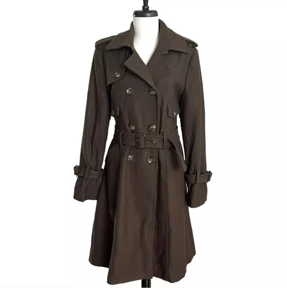 BCBG Maxaria Woman's Double Breasted Long Olive Trench Coat Size L