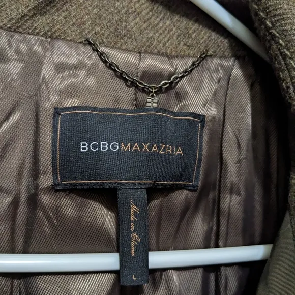 BCBG Maxaria Woman's Double Breasted Long Olive Trench Coat Size L