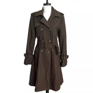 BCBG Maxaria Woman's Double Breasted Long Olive Trench Coat Size L