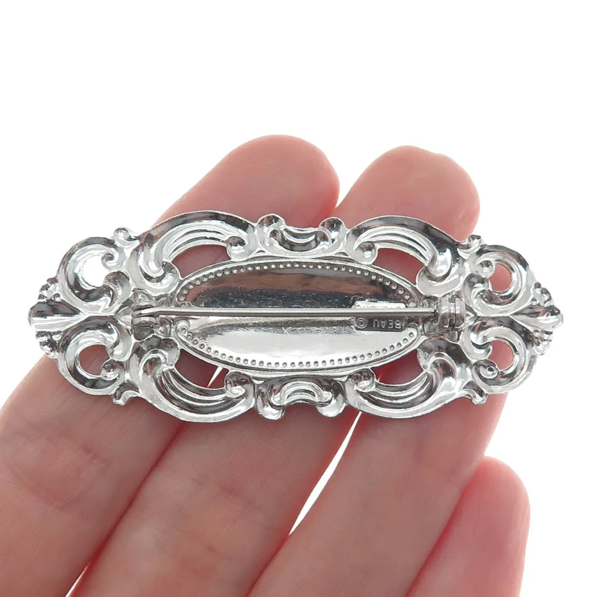 BEAU 925 Sterling Silver Antique Art Deco Repousse Flower Pin Brooch