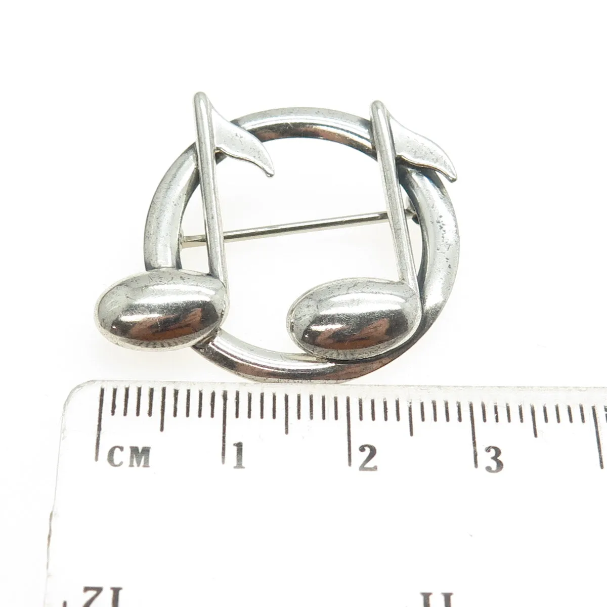 BEAU 925 Sterling Silver Vintage Two Eighth Notes Music Round Pin Brooch