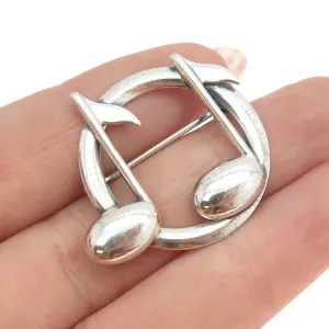 BEAU 925 Sterling Silver Vintage Two Eighth Notes Music Round Pin Brooch