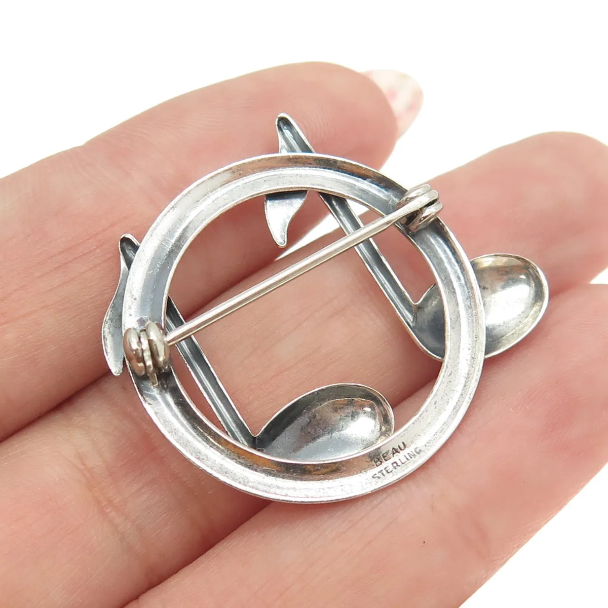 BEAU 925 Sterling Silver Vintage Two Eighth Notes Music Round Pin Brooch