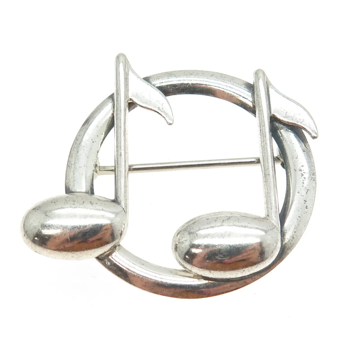 BEAU 925 Sterling Silver Vintage Two Eighth Notes Music Round Pin Brooch