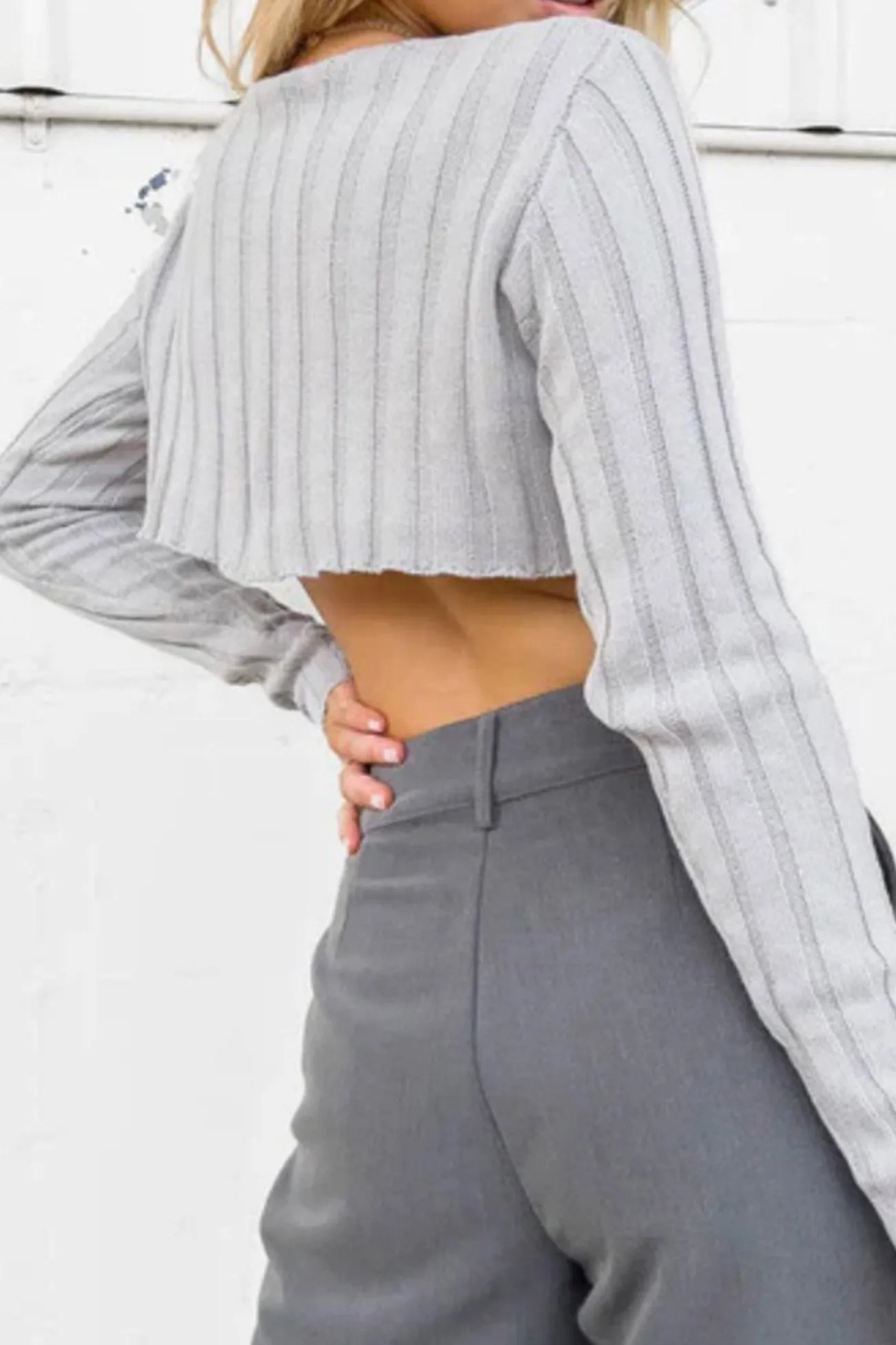 BerryBetty - Solid Ribbed Crew Neck Cropped Sweater