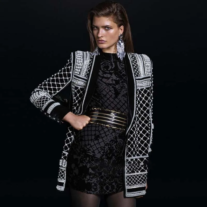 Black and white embossed beaded knit coat