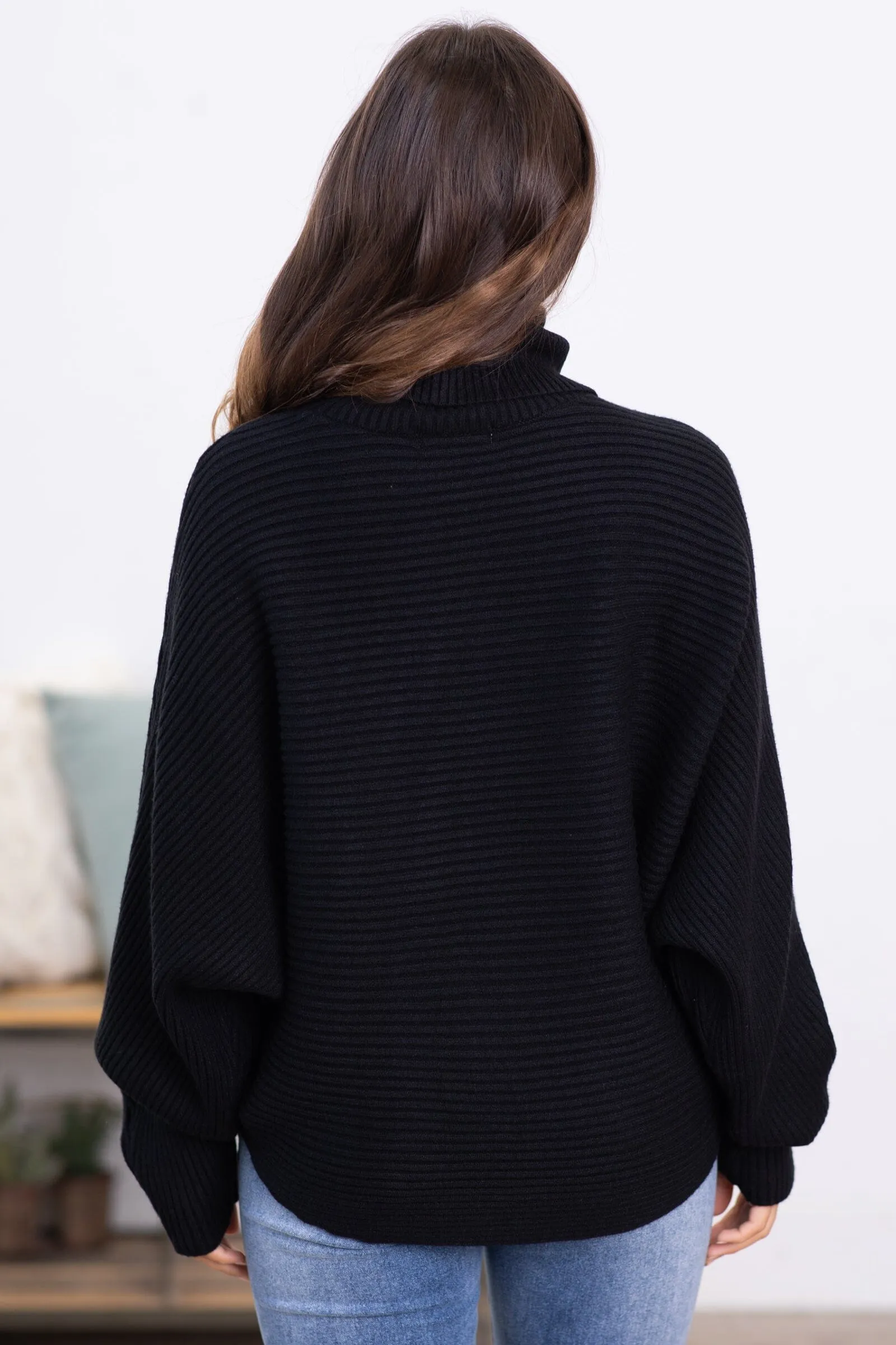 Black Horizontal Ribbed Turtleneck Sweater