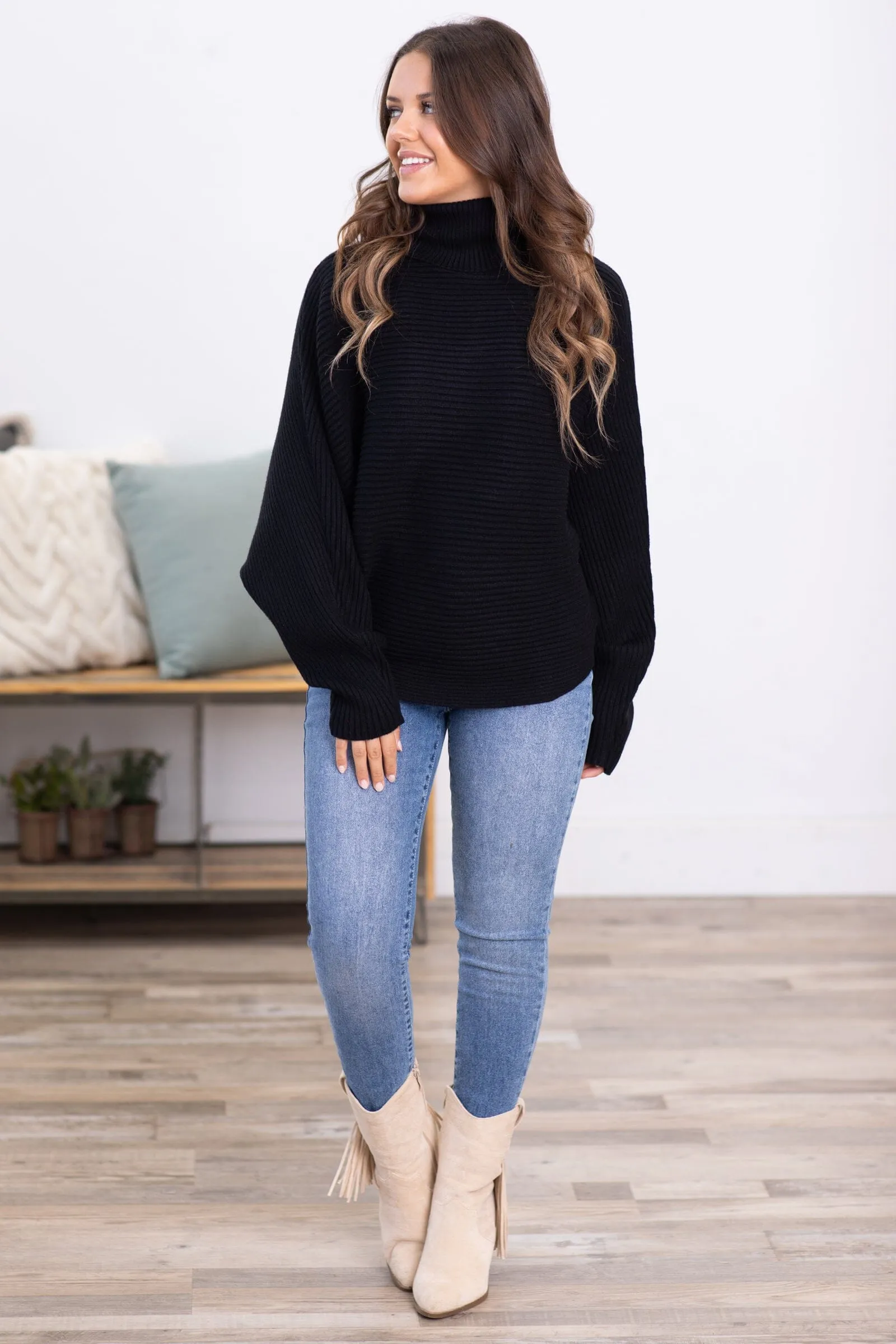 Black Horizontal Ribbed Turtleneck Sweater